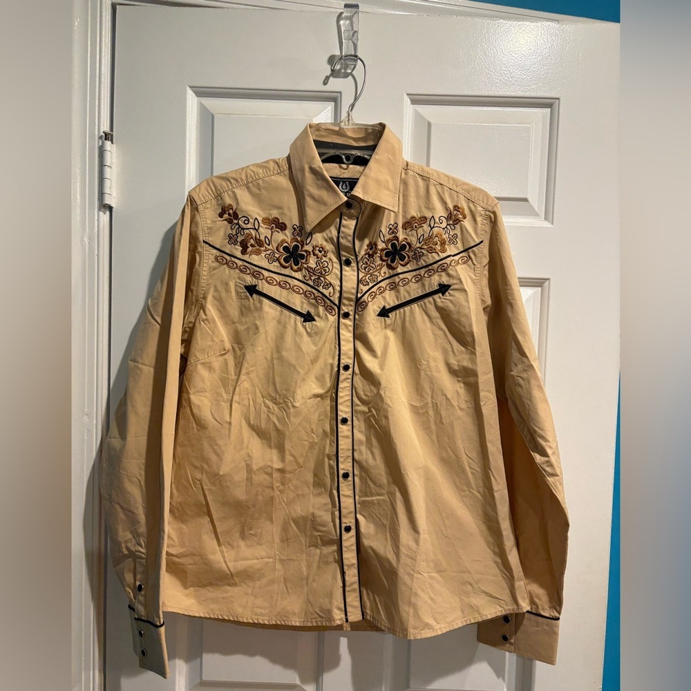Salvaje Oeste men’s embroidered  western shirt pearl snaps beige L ranch